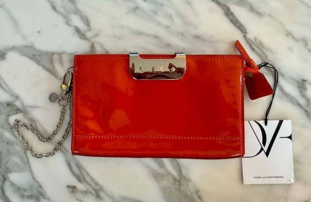 New Diane von Furstenberg Orange Patent Leather Wristlet Clutch Wallet - NWT
